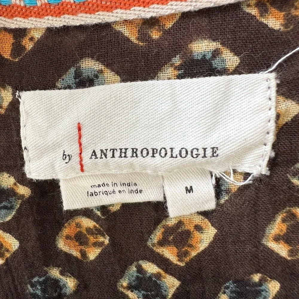 Anthropologie Boho Peasant Blouse M‎ Brown Geometric Print Cotton Sheer Batwing - Picture 4 of 12